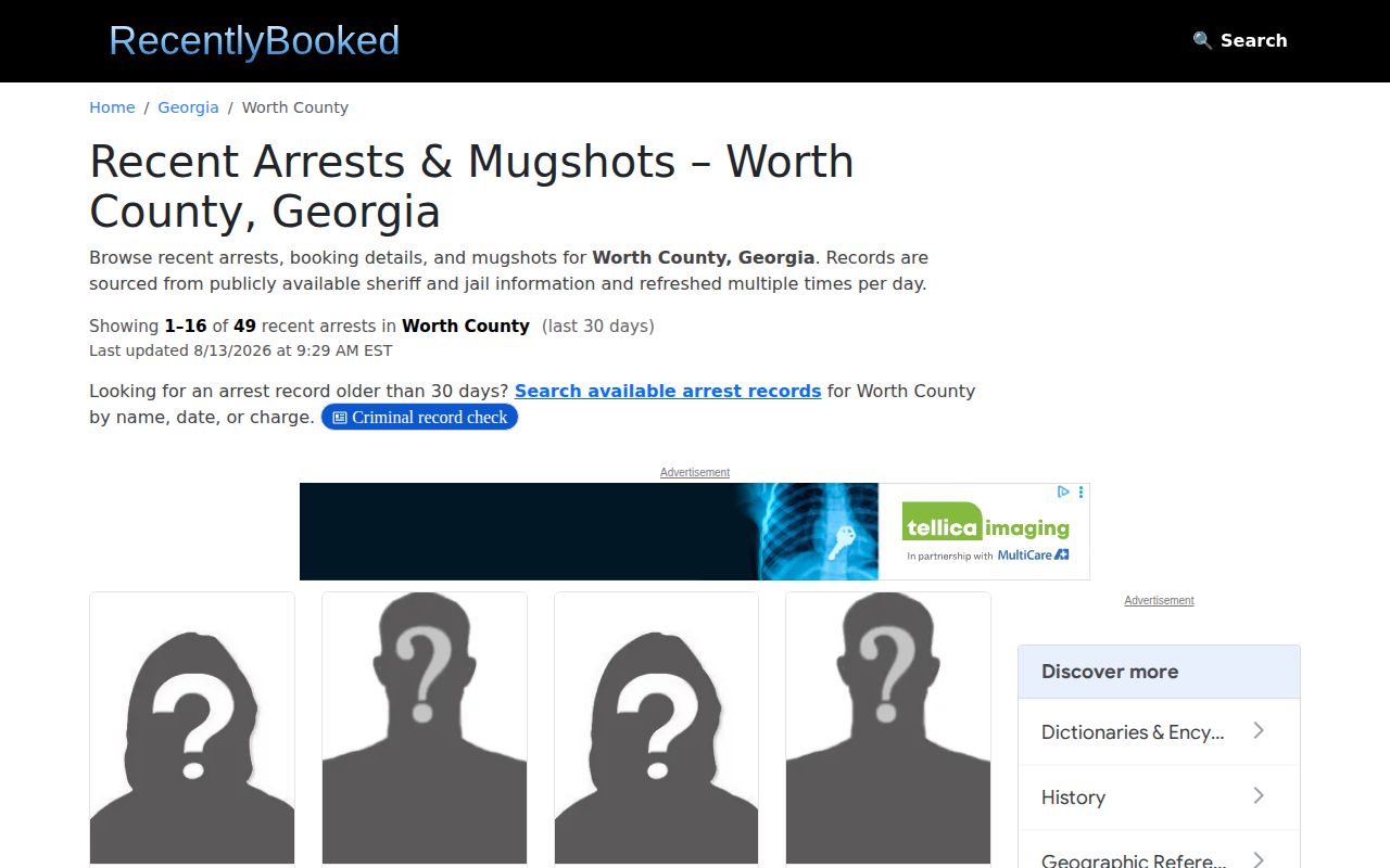 Recently Booked Worth County unofficial booking landing page