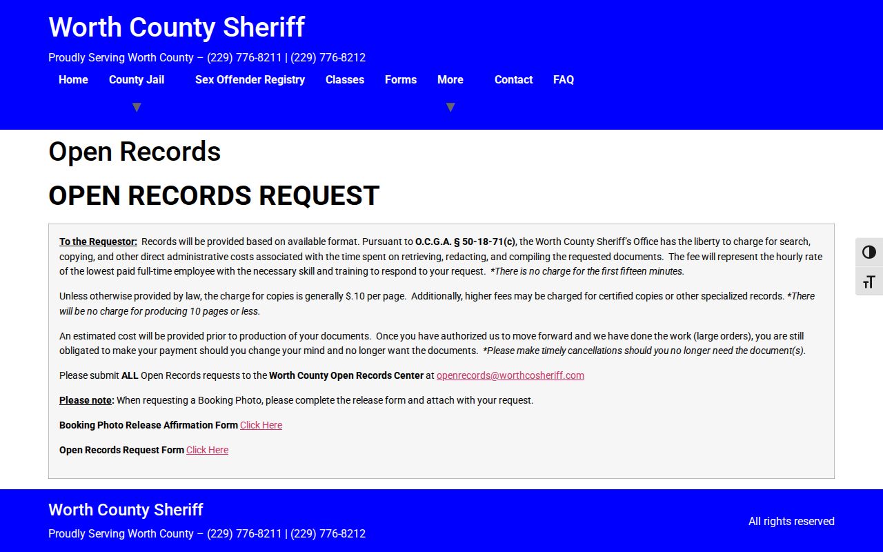 Worth County Sheriff's Office open records request instructions