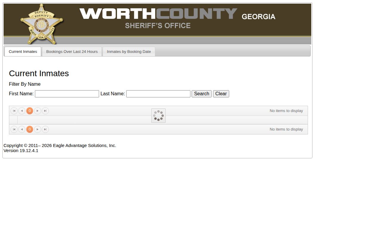 Worth County Jail roster and recent booking search interface
